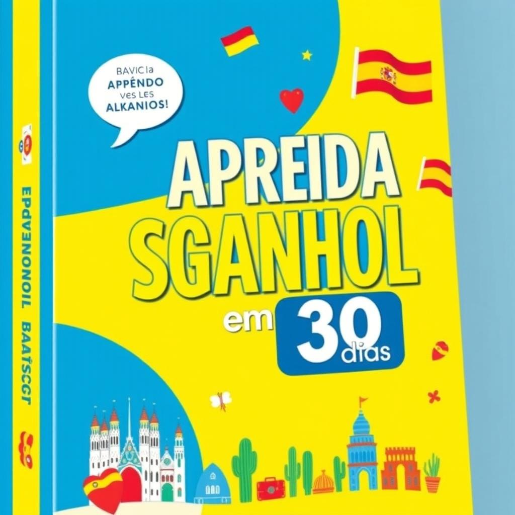 A vibrant ebook cover titled 'Aprenda Espanhol Básico em 30 Dias'