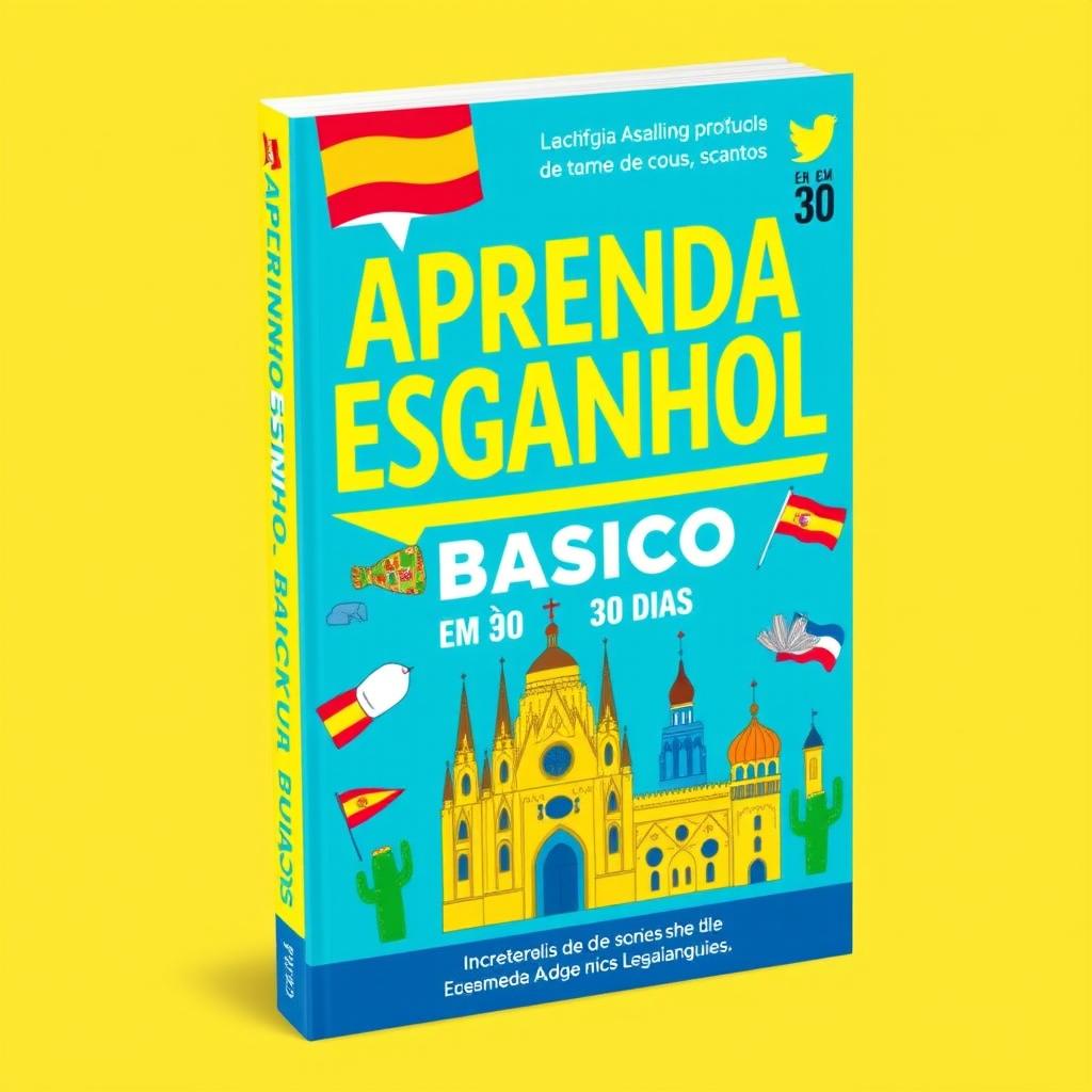 A vibrant ebook cover titled 'Aprenda Espanhol Básico em 30 Dias'