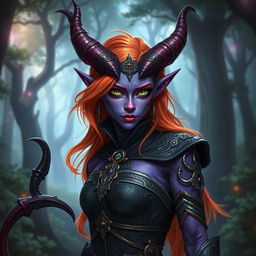 A stunning purple tiefling character with vibrant orange hair and mesmerizing green eyes, dressed in intricate fantasy attire that highlights their unique features