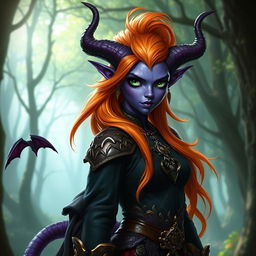 A stunning purple tiefling character with vibrant orange hair and mesmerizing green eyes, dressed in intricate fantasy attire that highlights their unique features