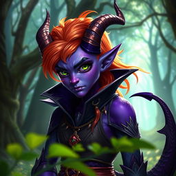 A stunning purple tiefling character with vibrant orange hair and mesmerizing green eyes, dressed in intricate fantasy attire that highlights their unique features