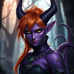 A stunning purple tiefling character with vibrant orange hair and mesmerizing green eyes, dressed in intricate fantasy attire that highlights their unique features