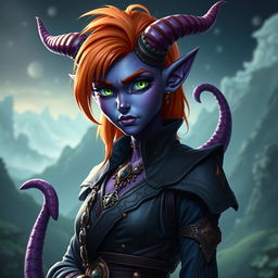 A stunning purple tiefling character featuring vibrant orange hair and captivating green eyes