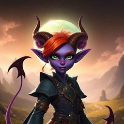 A stunning purple tiefling character featuring vibrant orange hair and captivating green eyes