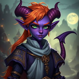 A stunning purple tiefling character featuring vibrant orange hair and captivating green eyes