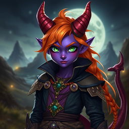 A stunning purple tiefling character featuring vibrant orange hair and captivating green eyes