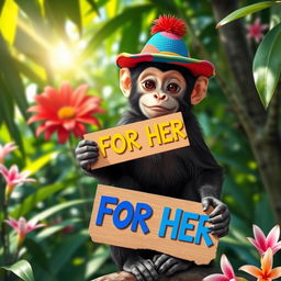 A playful monkey wearing a colorful hat and holding a sign that reads "FOR HER" in bright, cheerful letters