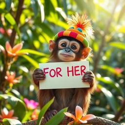 A playful monkey wearing a colorful hat and holding a sign that reads "FOR HER" in bright, cheerful letters