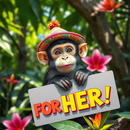 A playful monkey wearing a colorful hat and holding a sign that reads "FOR HER" in bright, cheerful letters