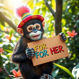 A playful monkey wearing a colorful hat and holding a sign that reads "FOR HER" in bright, cheerful letters