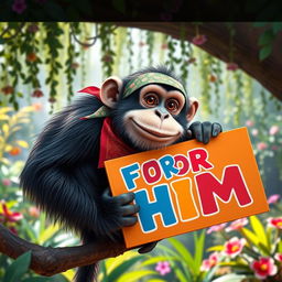 A cheeky monkey wearing a bandana and holding a brightly colored sign that reads "FOR HIM" in bold, playful letters