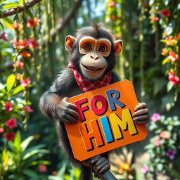 A cheeky monkey wearing a bandana and holding a brightly colored sign that reads "FOR HIM" in bold, playful letters