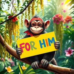 A cheeky monkey wearing a bandana and holding a brightly colored sign that reads "FOR HIM" in bold, playful letters