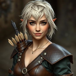 A portrait of a 21-year-old half-elf rogue woman, with short, messy fair hair and striking brown eyes