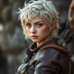 A portrait of a 21-year-old half-elf rogue woman, with short, messy fair hair and striking brown eyes