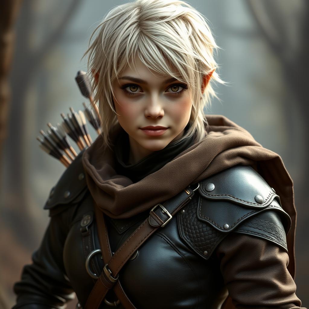 A portrait of a 21-year-old half-elf rogue woman, with short, messy fair hair and striking brown eyes