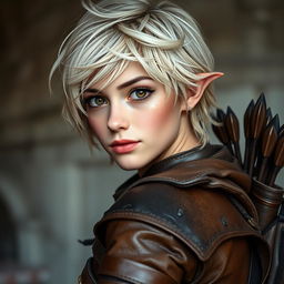 A portrait of a 21-year-old half-elf rogue woman, with short, messy fair hair and striking brown eyes