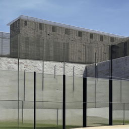 A maximum-security penitentiary designed with imposing stone walls, high-security fencing, and advanced surveillance technology.