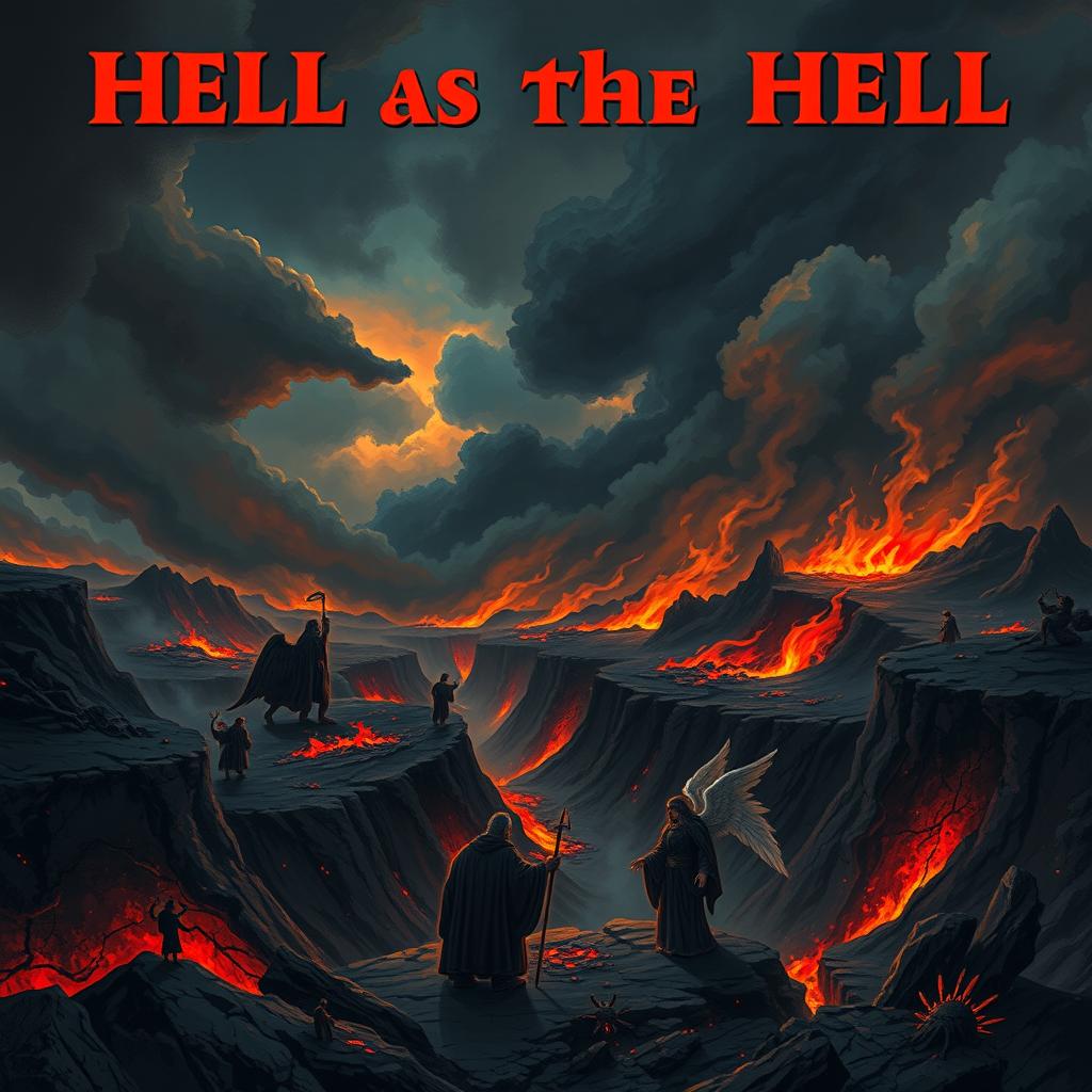 An illustrated exploration of Hell according to the Bible, featuring a dramatic and dark landscape filled with fiery pits, shadowy figures, and a sense of foreboding