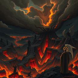 An illustrated exploration of Hell according to the Bible, featuring a dramatic and dark landscape filled with fiery pits, shadowy figures, and a sense of foreboding