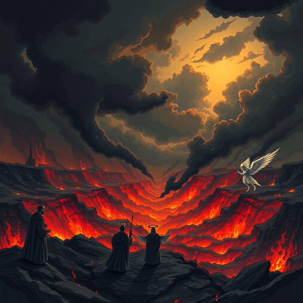 An illustrated exploration of Hell according to the Bible, featuring a dramatic and dark landscape filled with fiery pits, shadowy figures, and a sense of foreboding