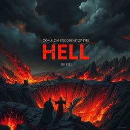 An illustrated exploration of Hell according to the Bible, featuring a dramatic and dark landscape filled with fiery pits, shadowy figures, and a sense of foreboding