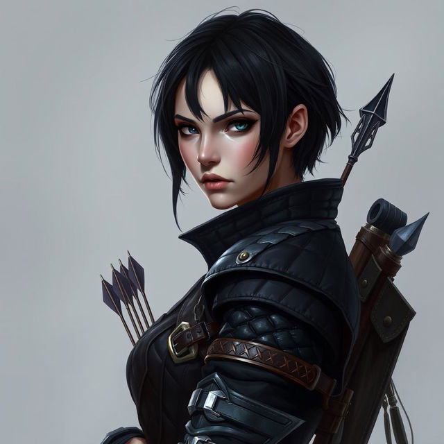 A portrait of a female fantasy character with darker, short hair and a serious expression