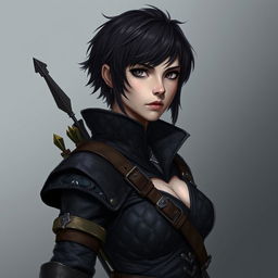 A portrait of a female fantasy character with darker, short hair and a serious expression