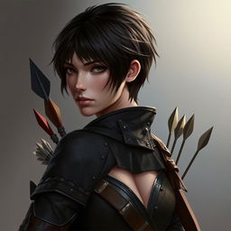 A portrait of a female fantasy character with darker, short hair and a serious expression