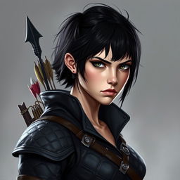 A portrait of a female fantasy character with darker, short hair and a serious expression