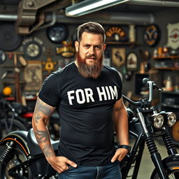 A rugged man with an attitude, sporting a full beard and prominent tattoos, stands confidently next to a chopper motorcycle in a gritty motorcycle garage