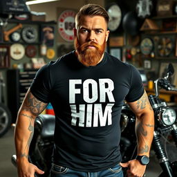 A rugged man with an attitude, sporting a full beard and prominent tattoos, stands confidently next to a chopper motorcycle in a gritty motorcycle garage