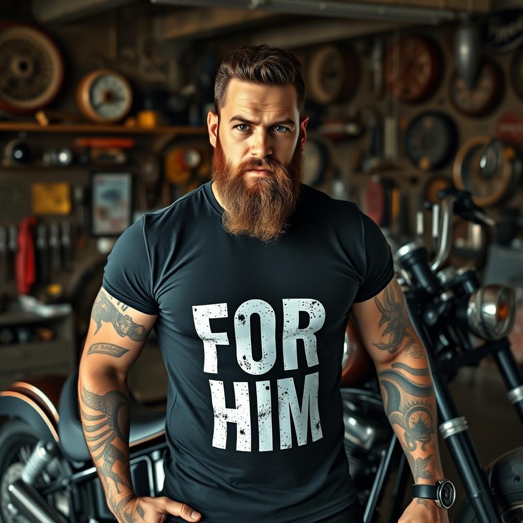 A rugged man with an attitude, sporting a full beard and prominent tattoos, stands confidently next to a chopper motorcycle in a gritty motorcycle garage