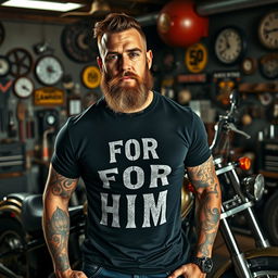 A rugged man with an attitude, sporting a full beard and prominent tattoos, stands confidently next to a chopper motorcycle in a gritty motorcycle garage