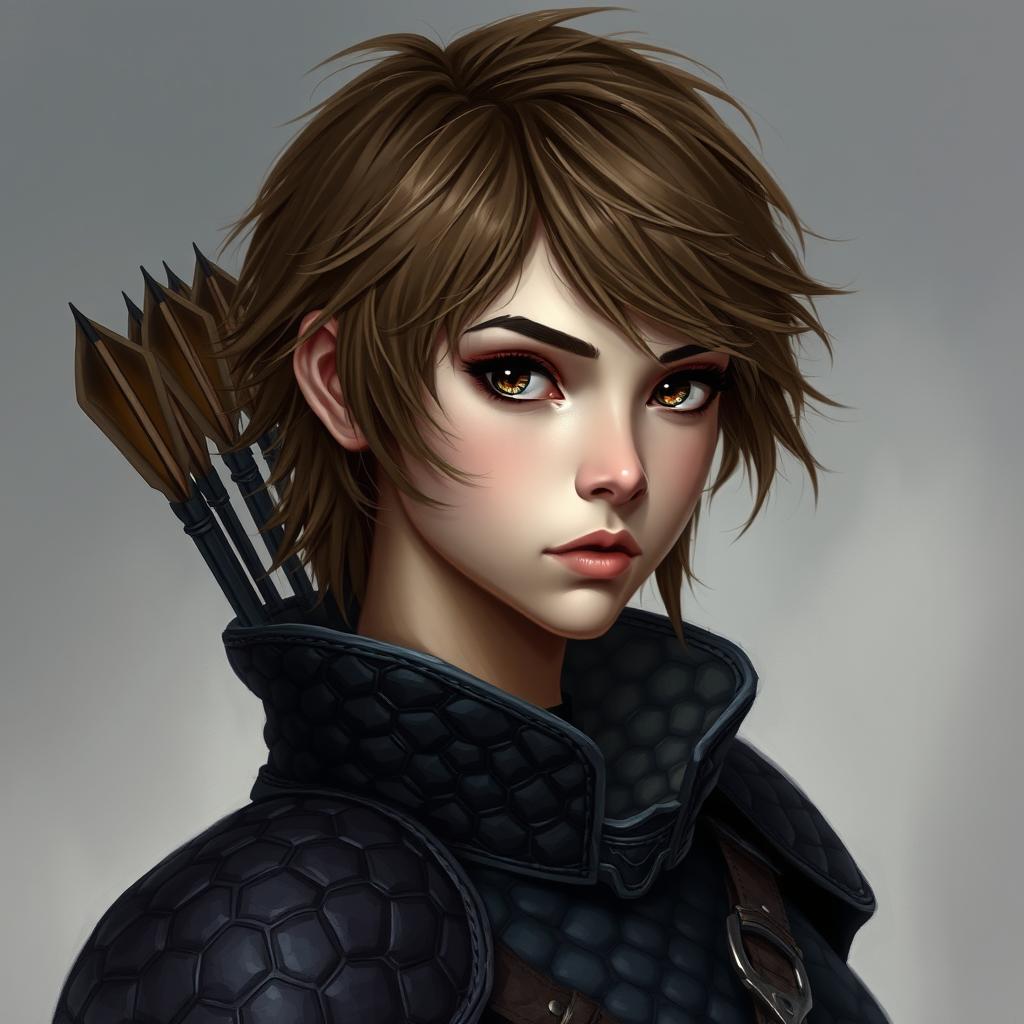 A portrait of a female fantasy character dressed in dark, quilted armor