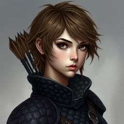 A portrait of a female fantasy character dressed in dark, quilted armor