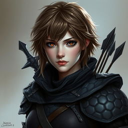 A portrait of a female fantasy character dressed in dark, quilted armor