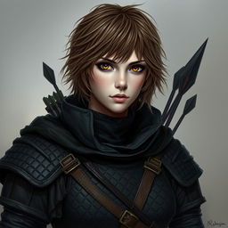 A portrait of a female fantasy character dressed in dark, quilted armor