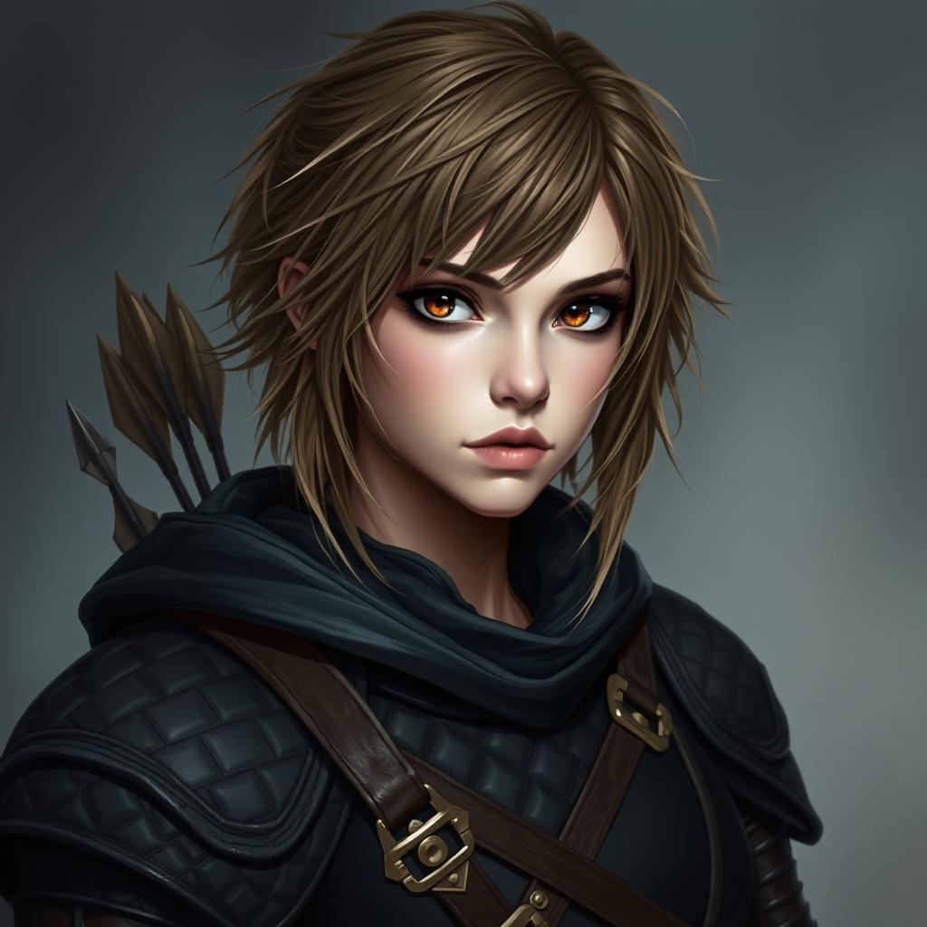 A portrait of a female fantasy character dressed in dark, quilted armor