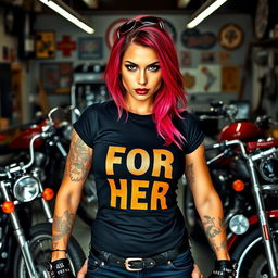 A strikingly beautiful woman motorcycle biker with an attitude stands confidently in a chopper motorcycle garage