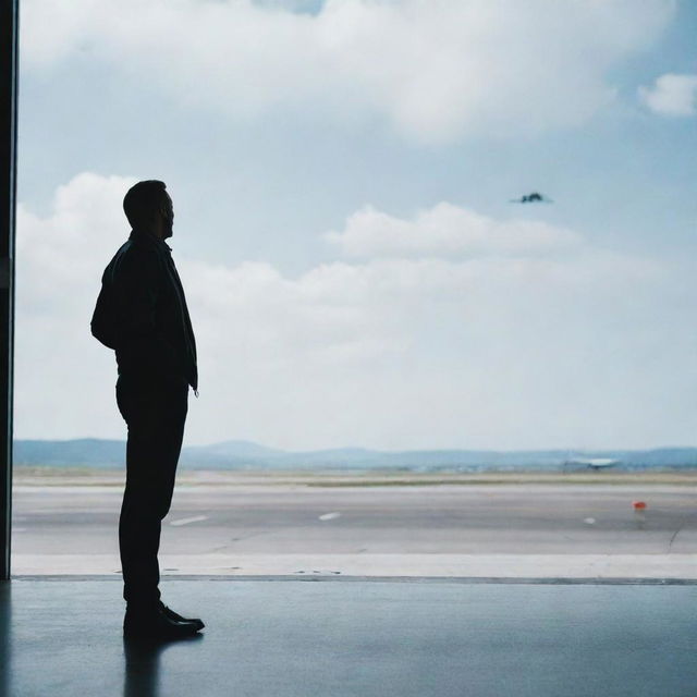 A pensive individual standing at an empty airport gate, gazing at a plane taking off in the distant sky, embodying feelings of disappointment and longing.