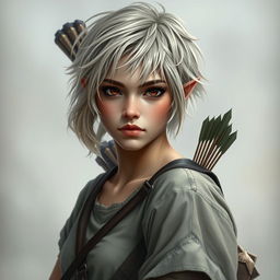 A portrait of a 21-year-old half-elf rogue woman with short, messy fair hair and darker brown eyes