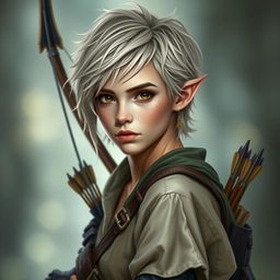 A portrait of a 21-year-old half-elf rogue woman with short, messy fair hair and darker brown eyes