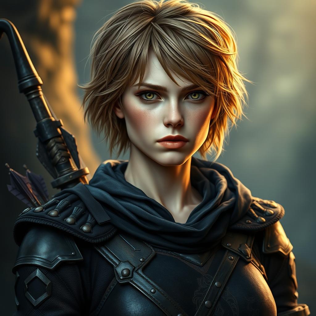 A portrait of a 30-year-old female fantasy character with light brown hair, styled in a short and slightly tousled manner