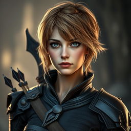 A portrait of a 30-year-old female fantasy character with light brown hair, styled in a short and slightly tousled manner