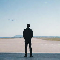 A pensive individual standing at an empty airport gate, gazing at a plane taking off in the distant sky, embodying feelings of disappointment and longing.