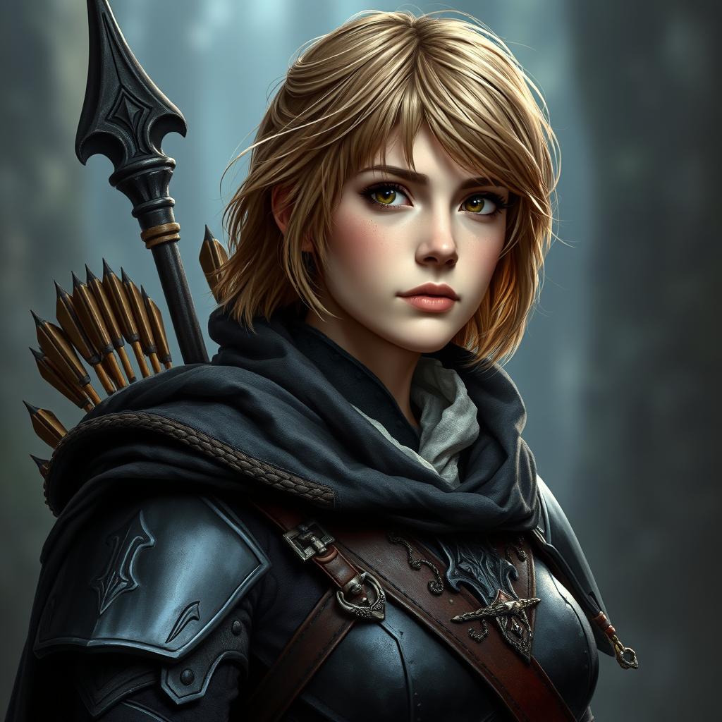 A portrait of a 30-year-old female fantasy character with light brown hair, styled in a short and slightly tousled manner