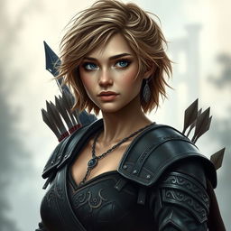 A portrait of a 30-year-old female fantasy character with light brown hair, styled in a short and slightly tousled manner