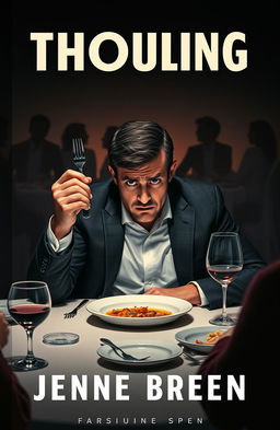 An anxious book cover featuring a man seated at a dining table, gripping cutlery tightly in one hand