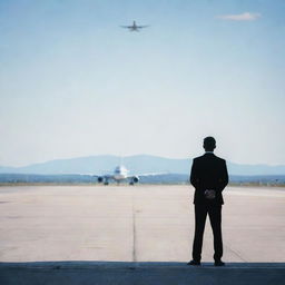 A pensive individual standing at an empty airport gate, gazing at a plane taking off in the distant sky, embodying feelings of disappointment and longing.